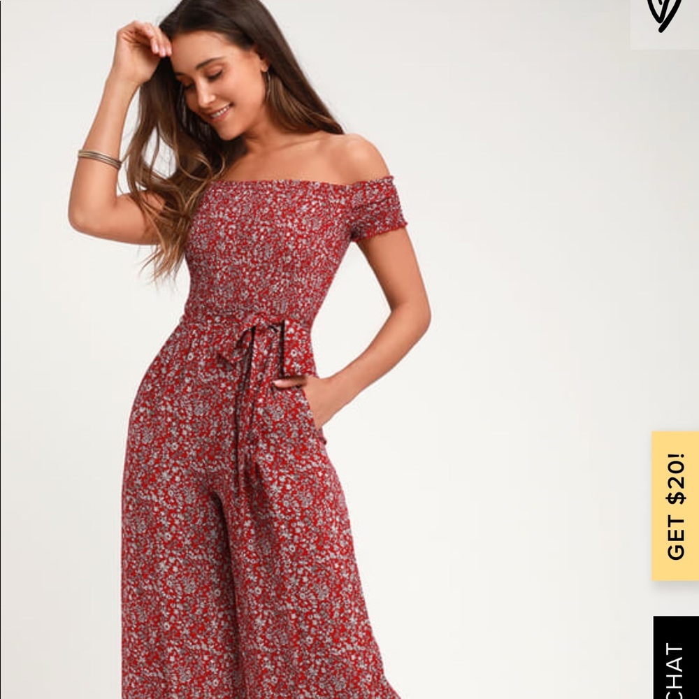 Red floral print off the shoulder jump suit